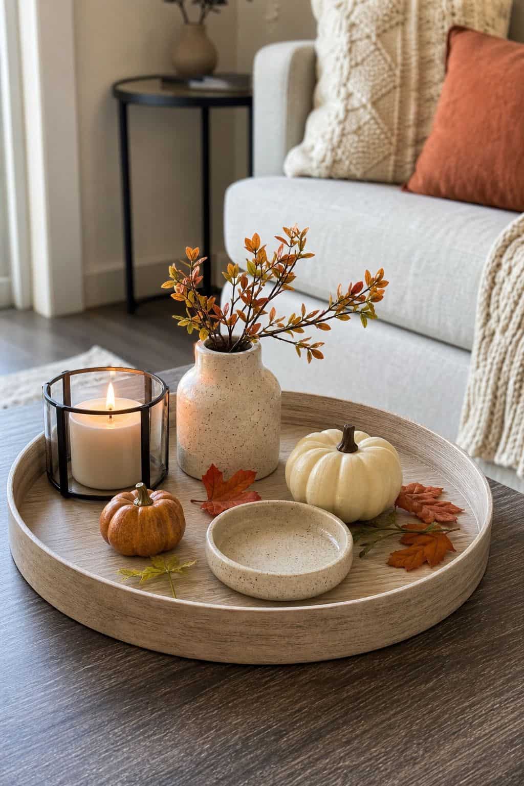 Keep the Tray Easy to Restyle Each Season small apartment idea for Top 17 Fall Tray Decor Ideas for Small Spaces.