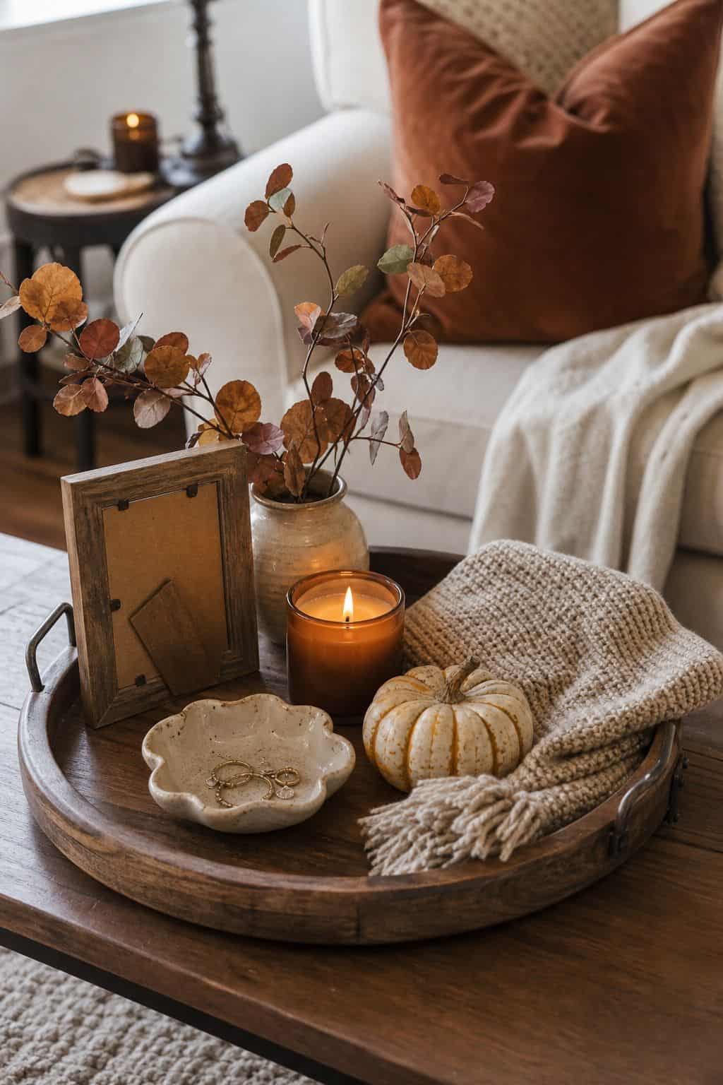 Add a Personal or Tactile Touch small apartment idea for Top 17 Fall Tray Decor Ideas for Small Spaces.