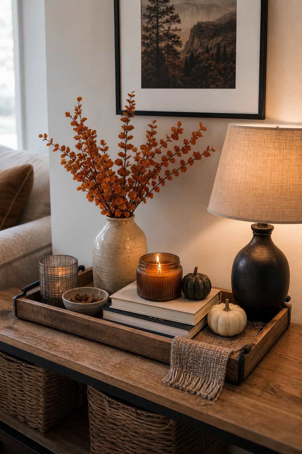 Use the Tray to Anchor a Larger Vignette small apartment idea for Top 17 Fall Tray Decor Ideas for Small Spaces.