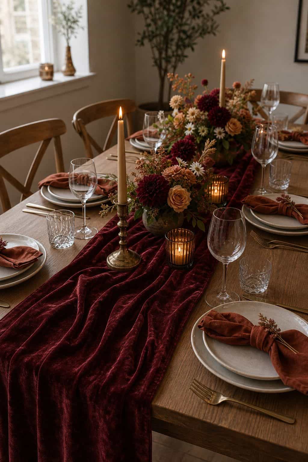 Choose a Velvet Runner in Wine, Rust, or Mossy Green small apartment idea for Top 17 Fall Wedding Table Decor Ideas for an Autumn Reception.