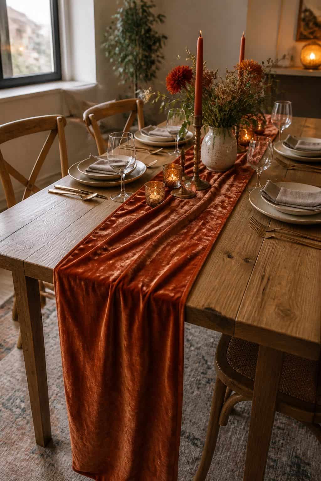 Pair Velvet With Bare Wood, Not Polyester Tablecloths small apartment idea for Top 17 Fall Wedding Table Decor Ideas for an Autumn Reception.