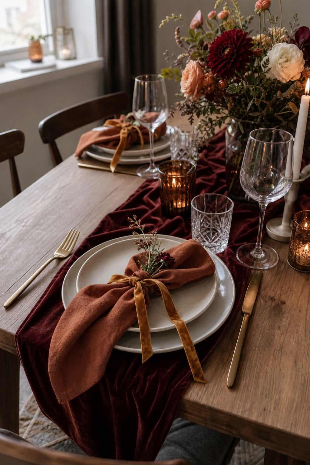 Use Cloth Napkins in a Contrast Tone, Tied Loosely small apartment idea for Top 17 Fall Wedding Table Decor Ideas for an Autumn Reception.