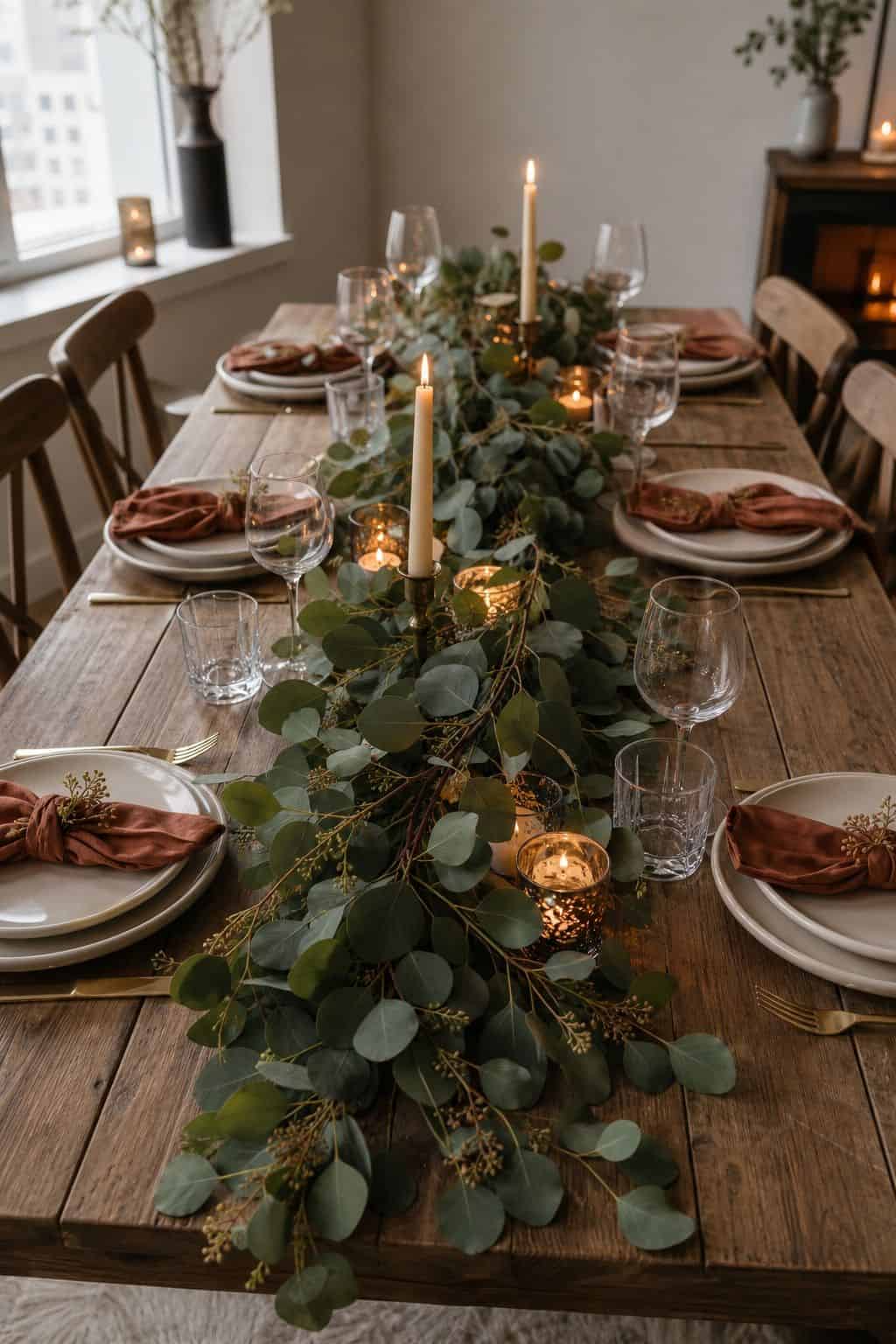 Run a Garland of Eucalyptus Down the Middle small apartment idea for Top 17 Fall Wedding Table Decor Ideas for an Autumn Reception.
