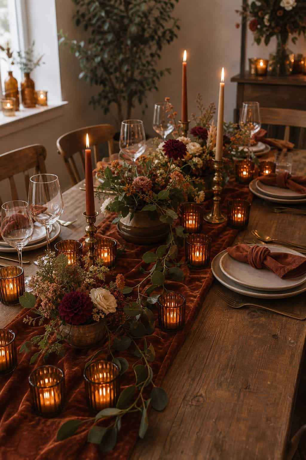 Add Amber Glass Votives Throughout small apartment idea for Top 17 Fall Wedding Table Decor Ideas for an Autumn Reception.
