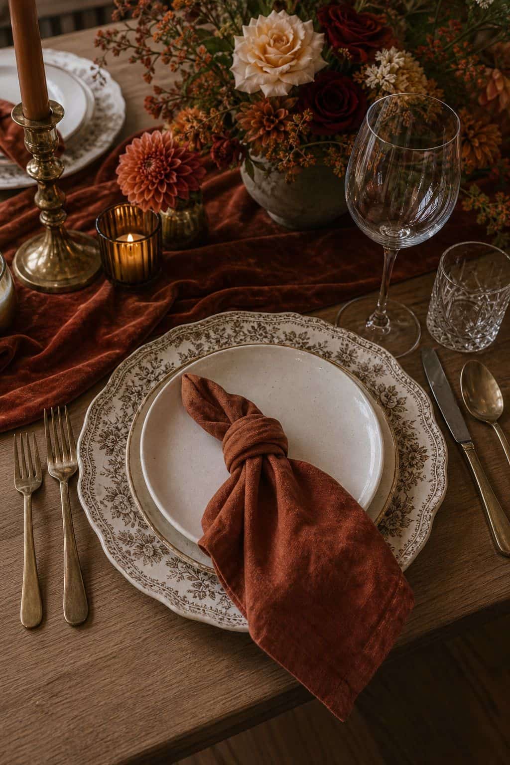 Use Patterned or Vintage Plates as Chargers small apartment idea for Top 17 Fall Wedding Table Decor Ideas for an Autumn Reception.
