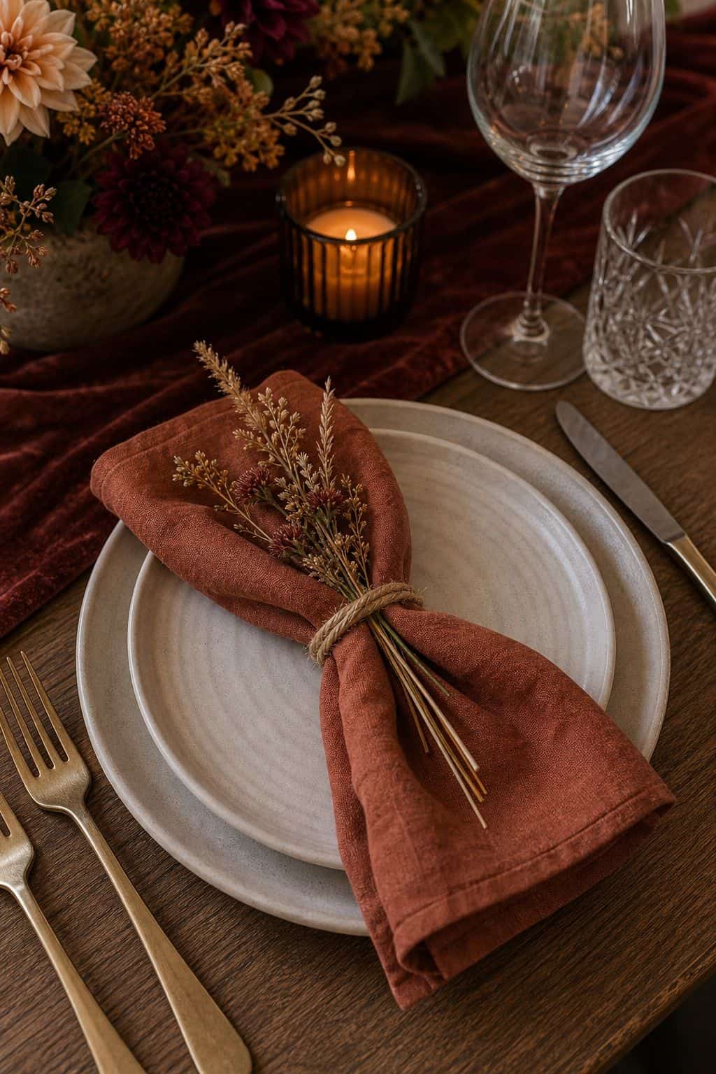 Tuck a Dried Flower Sprig Into Each Napkin small apartment idea for Top 17 Fall Wedding Table Decor Ideas for an Autumn Reception.