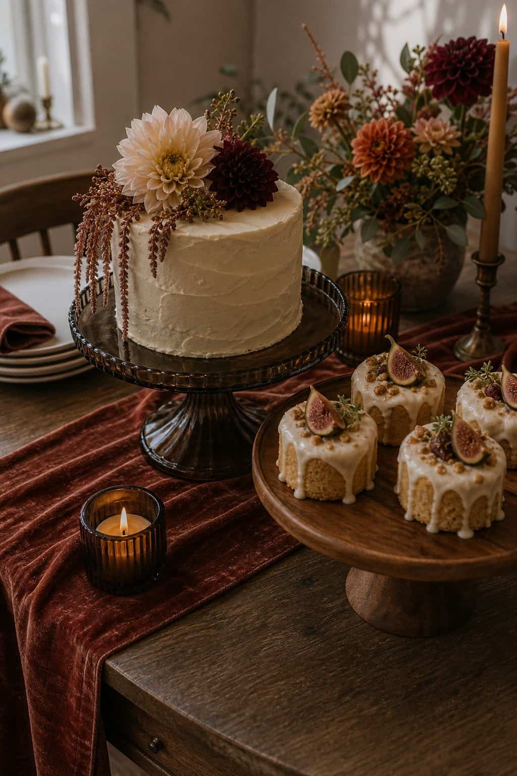 Use Smoke or Cherry Wood Cake Stands small apartment idea for Top 17 Fall Wedding Table Decor Ideas for an Autumn Reception.