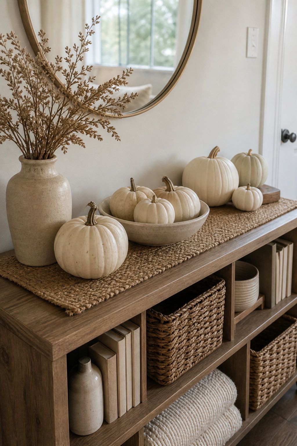 Decorate With White and Neutral Pumpkins small apartment idea for Top 17 Farmhouse Fall Decor Ideas for Small Apartments.