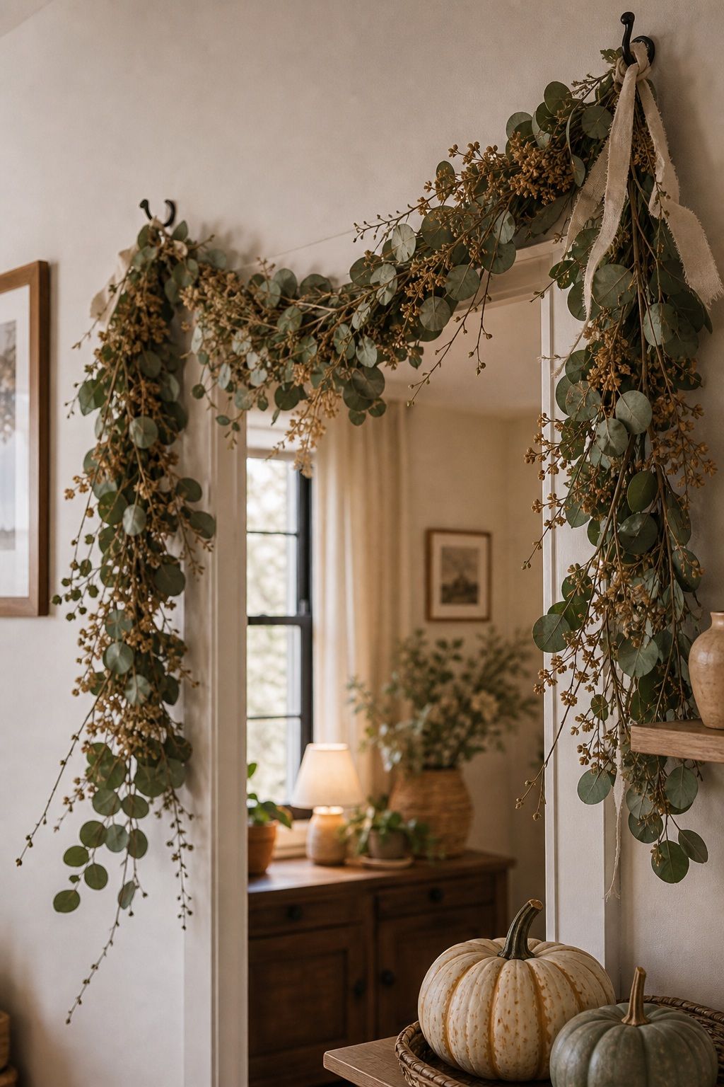 Hang Eucalyptus and Dried Garlands small apartment idea for Top 17 Farmhouse Fall Decor Ideas for Small Apartments.