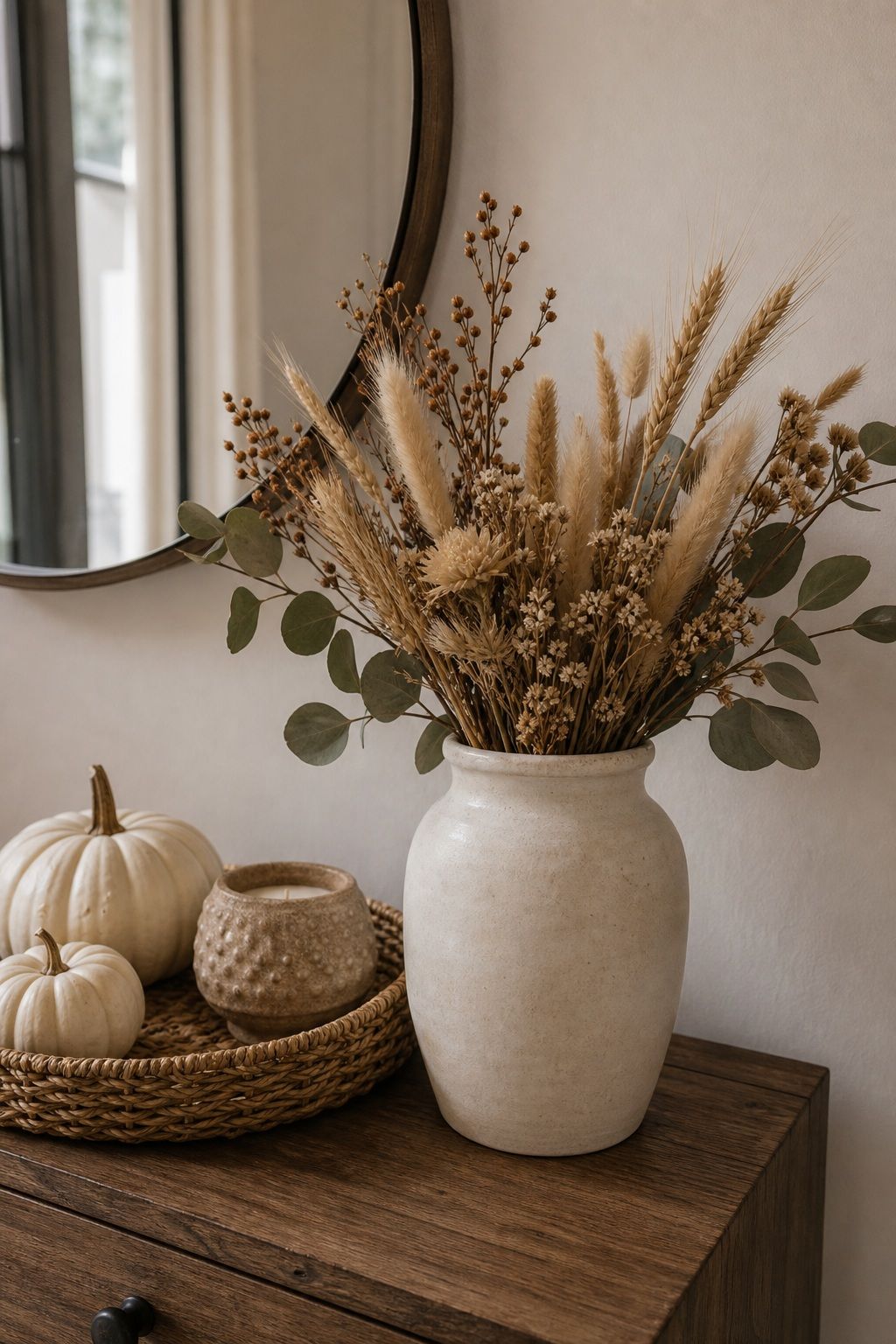 Display Dried Florals and Wheat small apartment idea for Top 17 Farmhouse Fall Decor Ideas for Small Apartments.