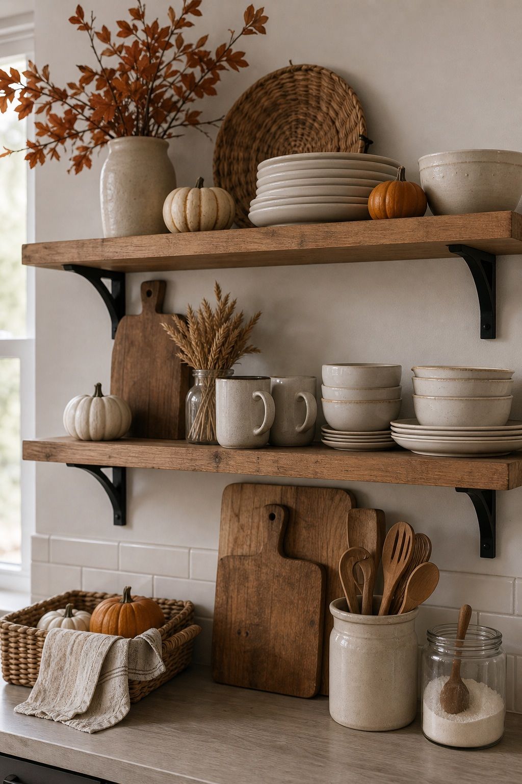 Style Open Shelving With Fall Touches small apartment idea for Top 17 Farmhouse Fall Decor Ideas for Small Apartments.