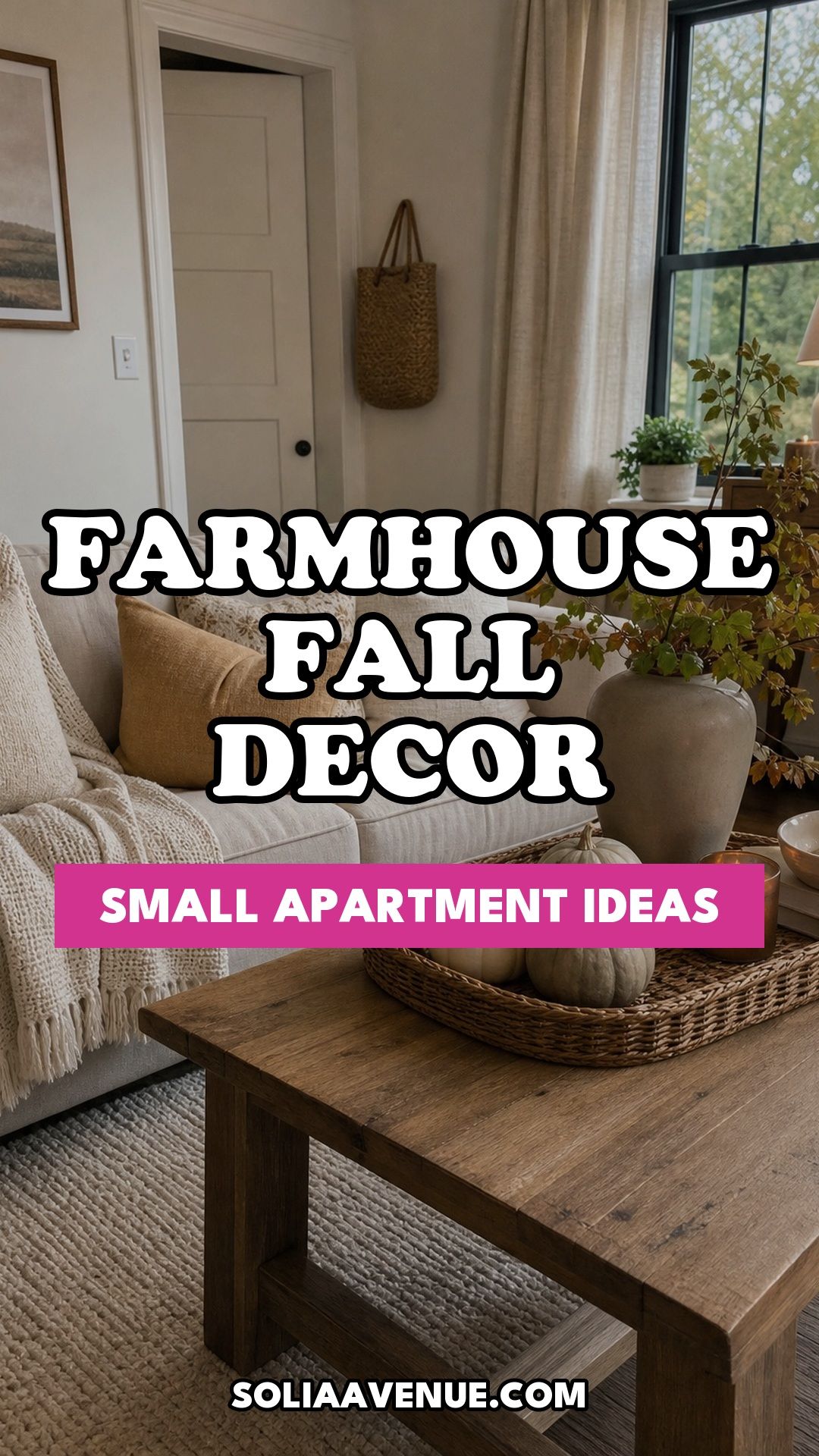 Pinterest pin for Top 17 Farmhouse Fall Decor Ideas for Small Apartments from Solia Avenue.