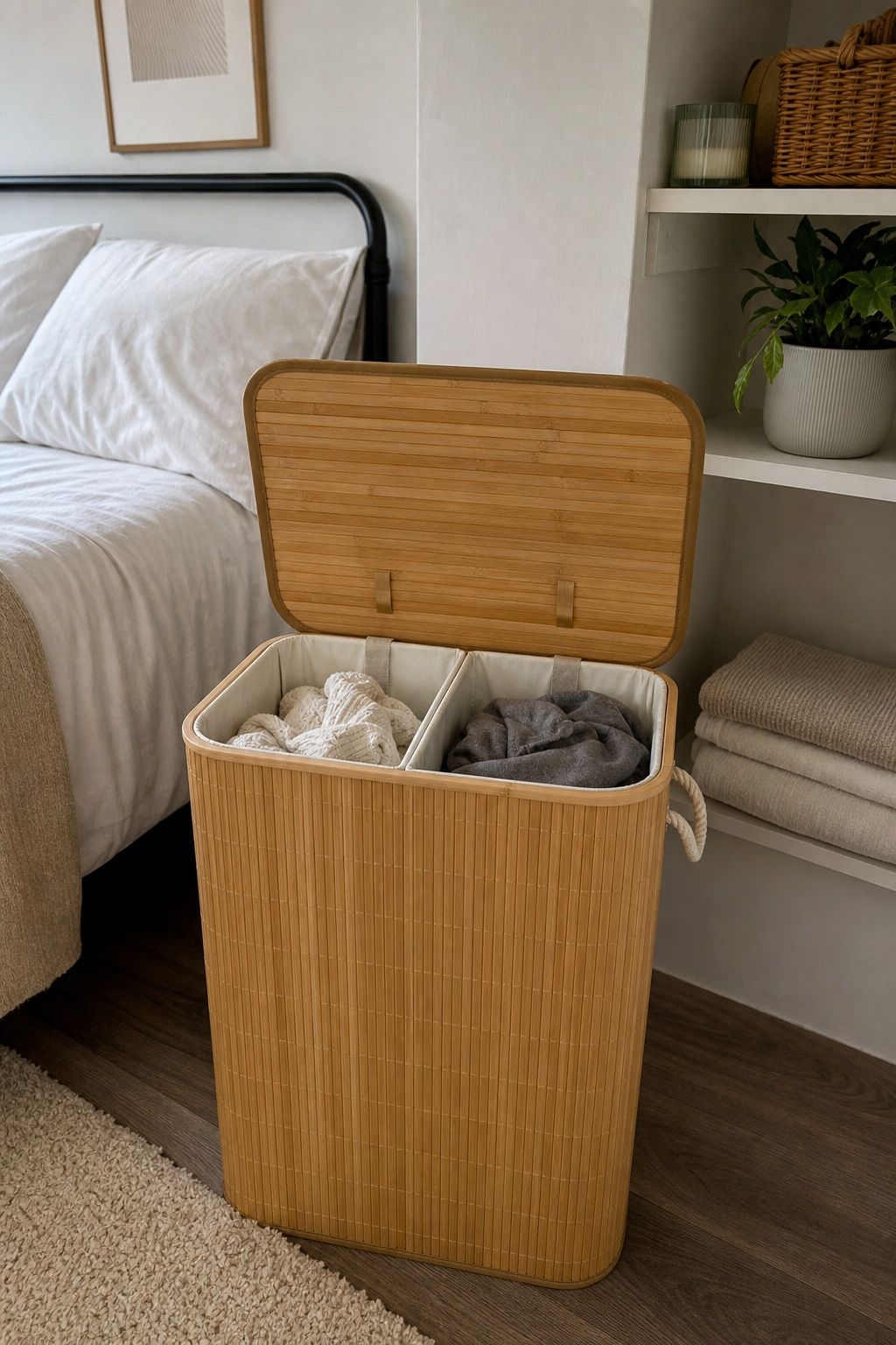 Divided Bamboo Laundry Hamper small apartment idea for 20 First Apartment Essentials From Amazon Every New Renter Actually Needs.