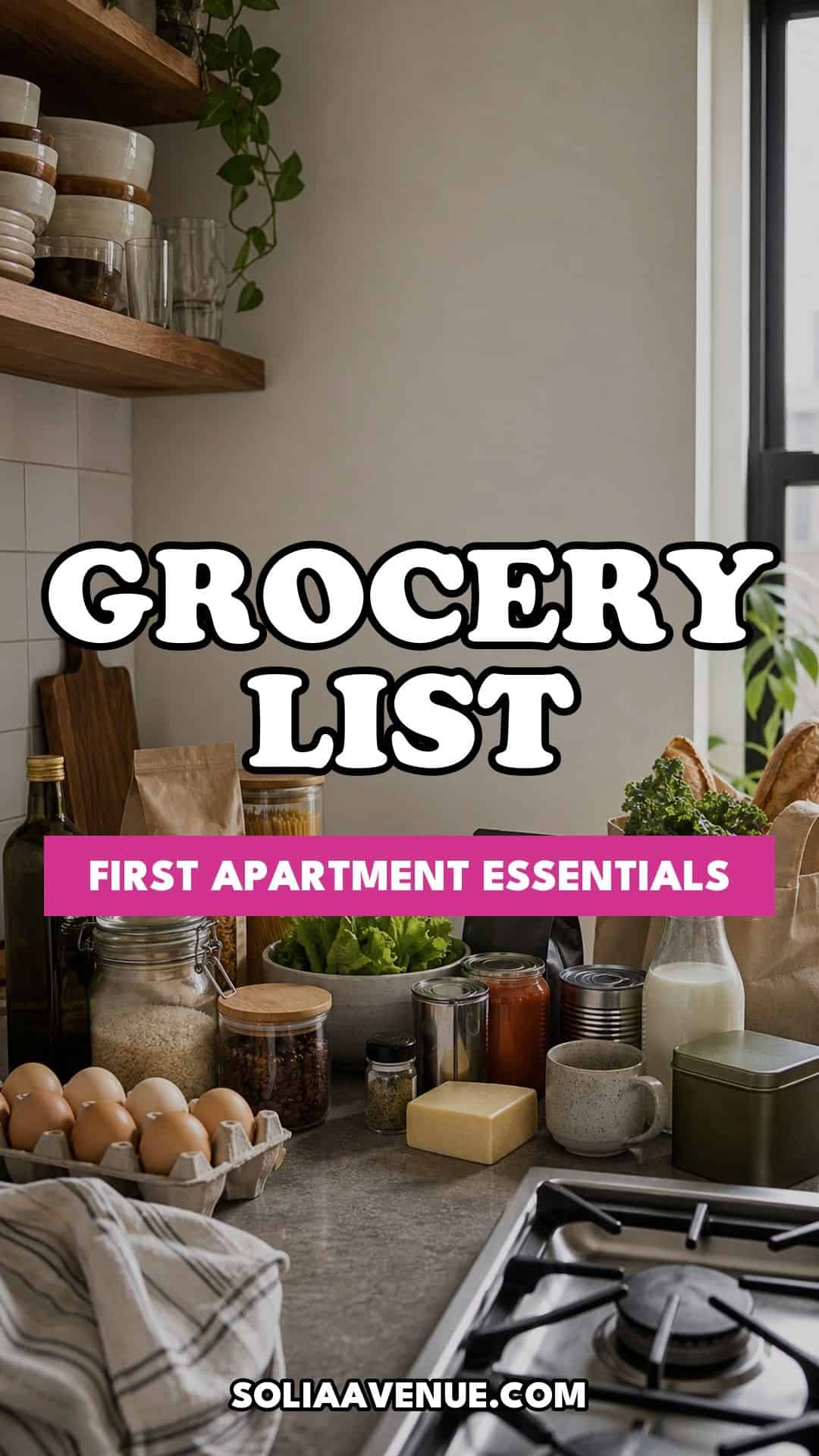 Pinterest pin for The Complete First Apartment Grocery List of 18 Pantry Essentials from Solia Avenue.