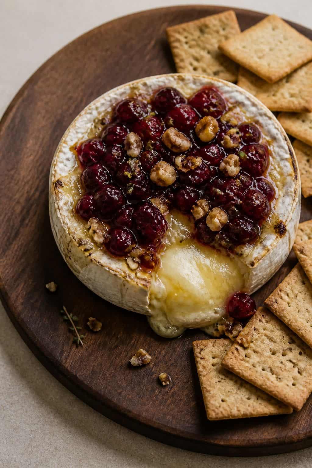 Baked brie with cranberry topping and crackers on a walnut board