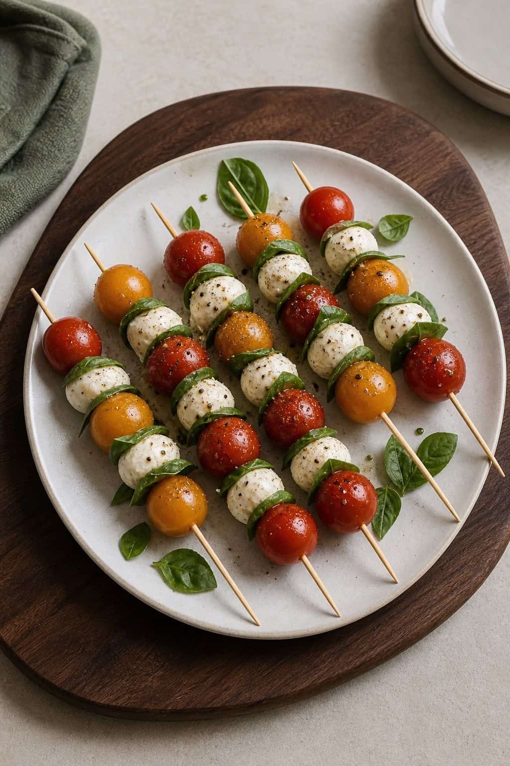 Caprese skewers with tomatoes mozzarella and basil on a walnut serving board
