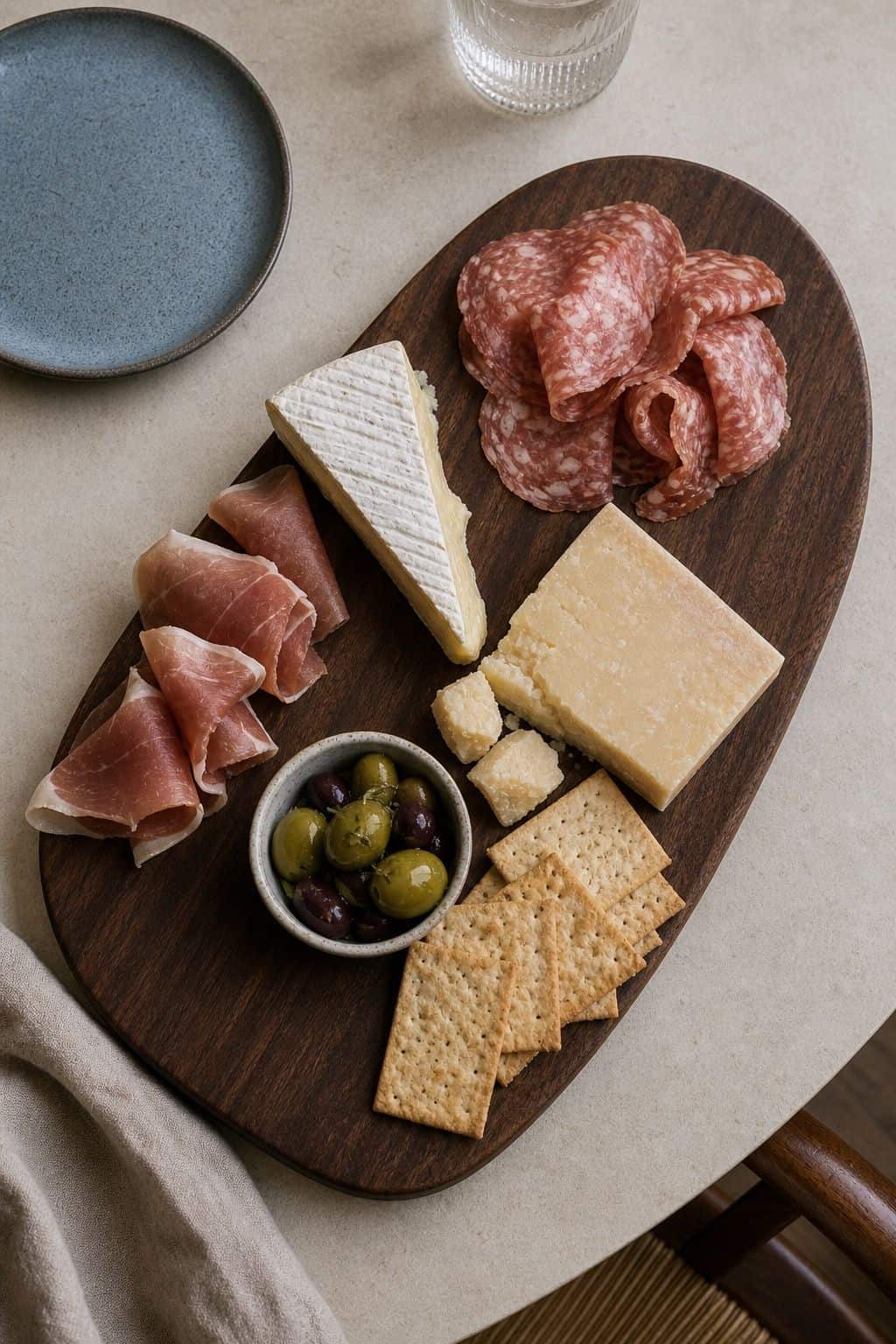 Simple cheese and charcuterie board with crackers olives and cured meats