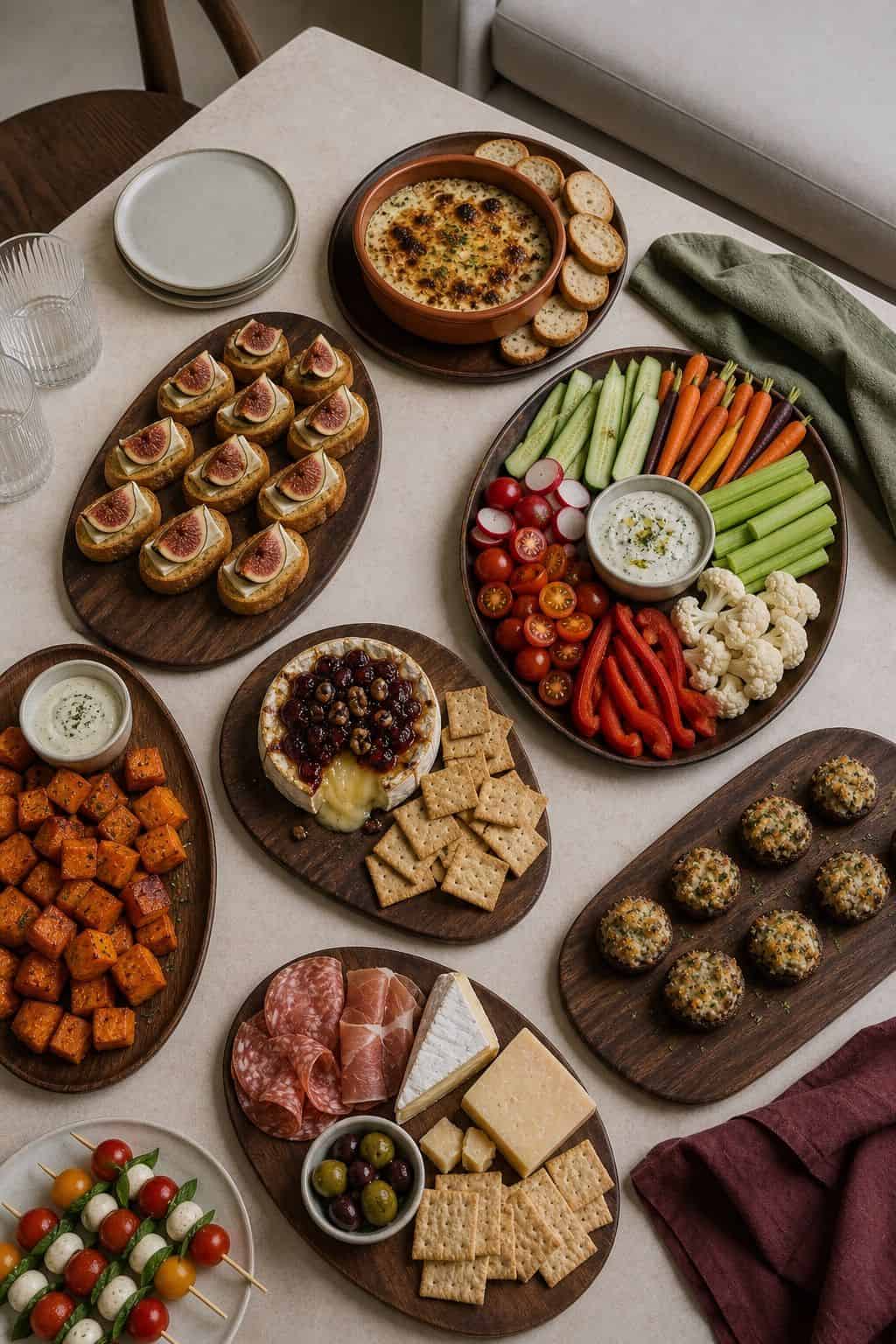 Easy Friendsgiving grazing layout with cheeses dips vegetables crackers and bites