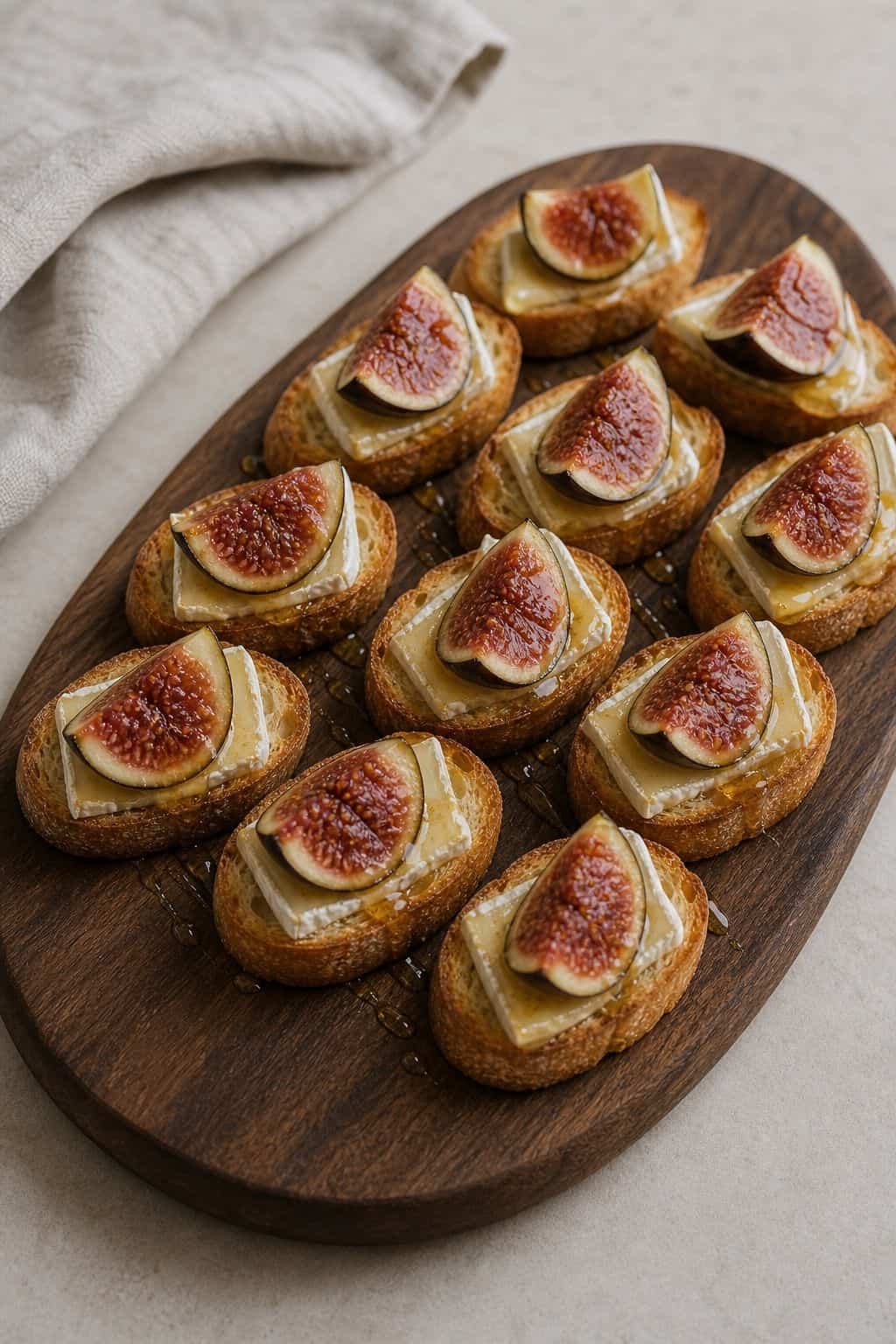Fig and brie bites on toast with honey on a neutral appetizer plate