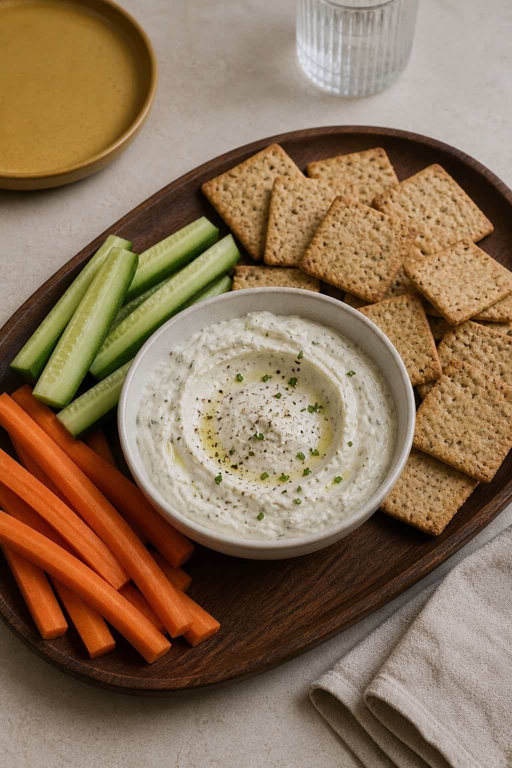 Five-minute creamy dip with crackers and vegetables on a minimalist tray
