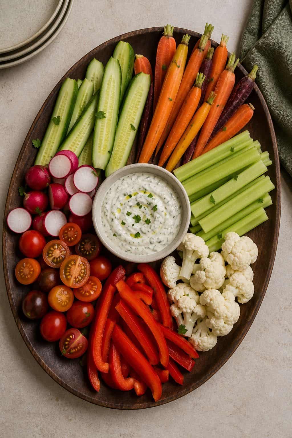 Fresh veggie platter with dip on a walnut tray for Friendsgiving appetizers