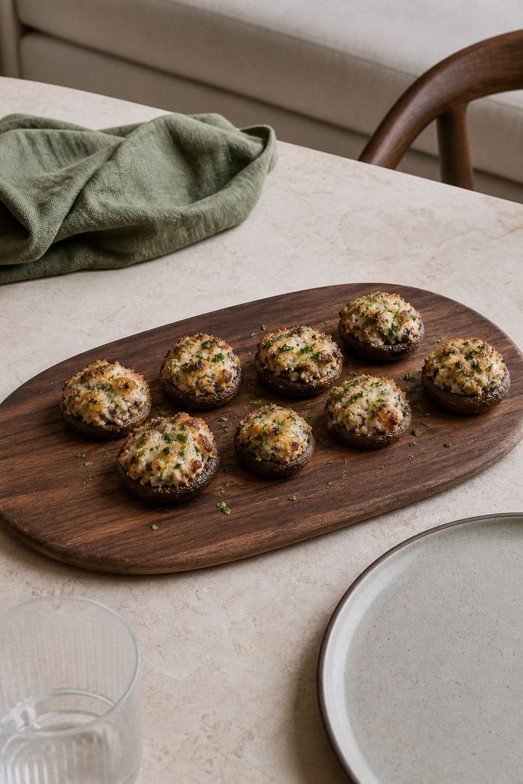 Herbed stuffed mushrooms on a walnut board for Friendsgiving appetizer ideas
