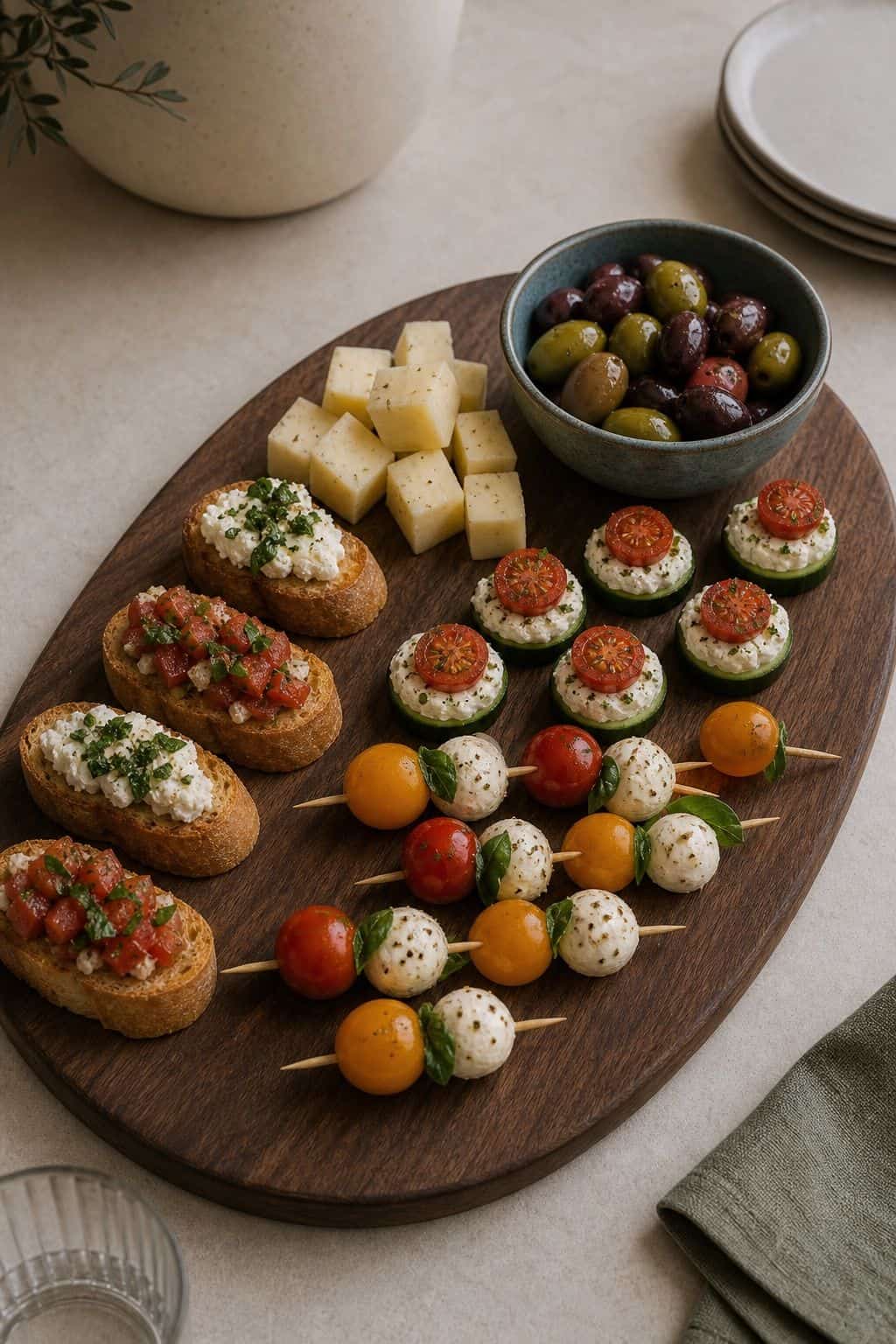 Holdable crostini cheese olives and vegetable bites on a Friendsgiving buffet
