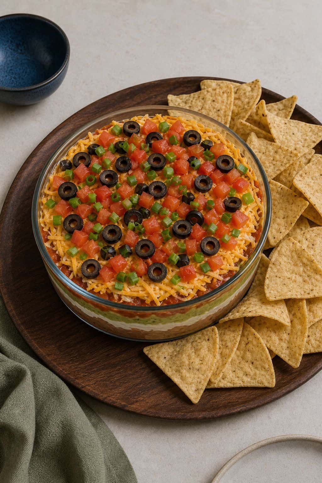 Layered party dip with tortilla chips on a neutral Friendsgiving table
