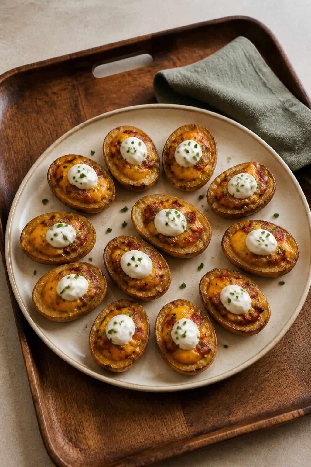 Loaded potato bites with sour cream and chives on a cream appetizer plate