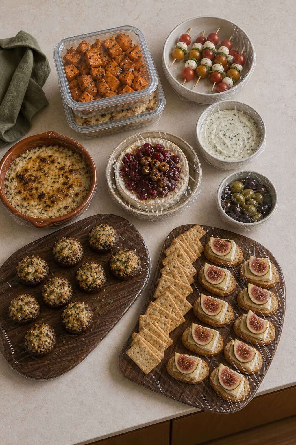Make-ahead Friendsgiving appetizers with covered bowls and prepared bites
