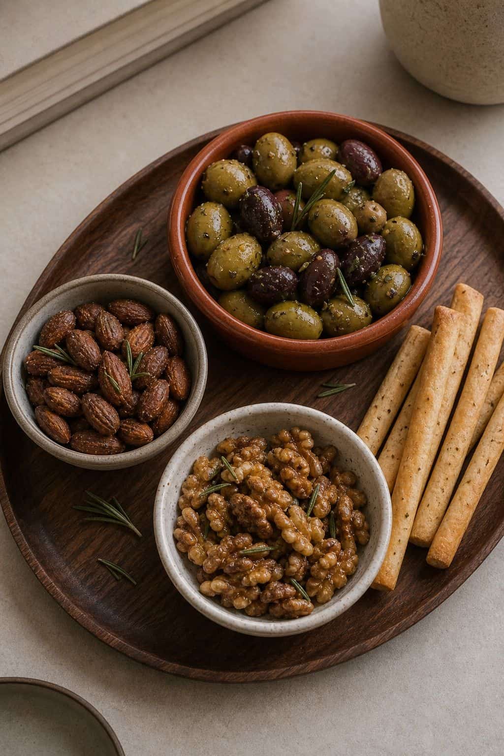 Marinated olives and roasted nuts in small ceramic bowls on a walnut tray