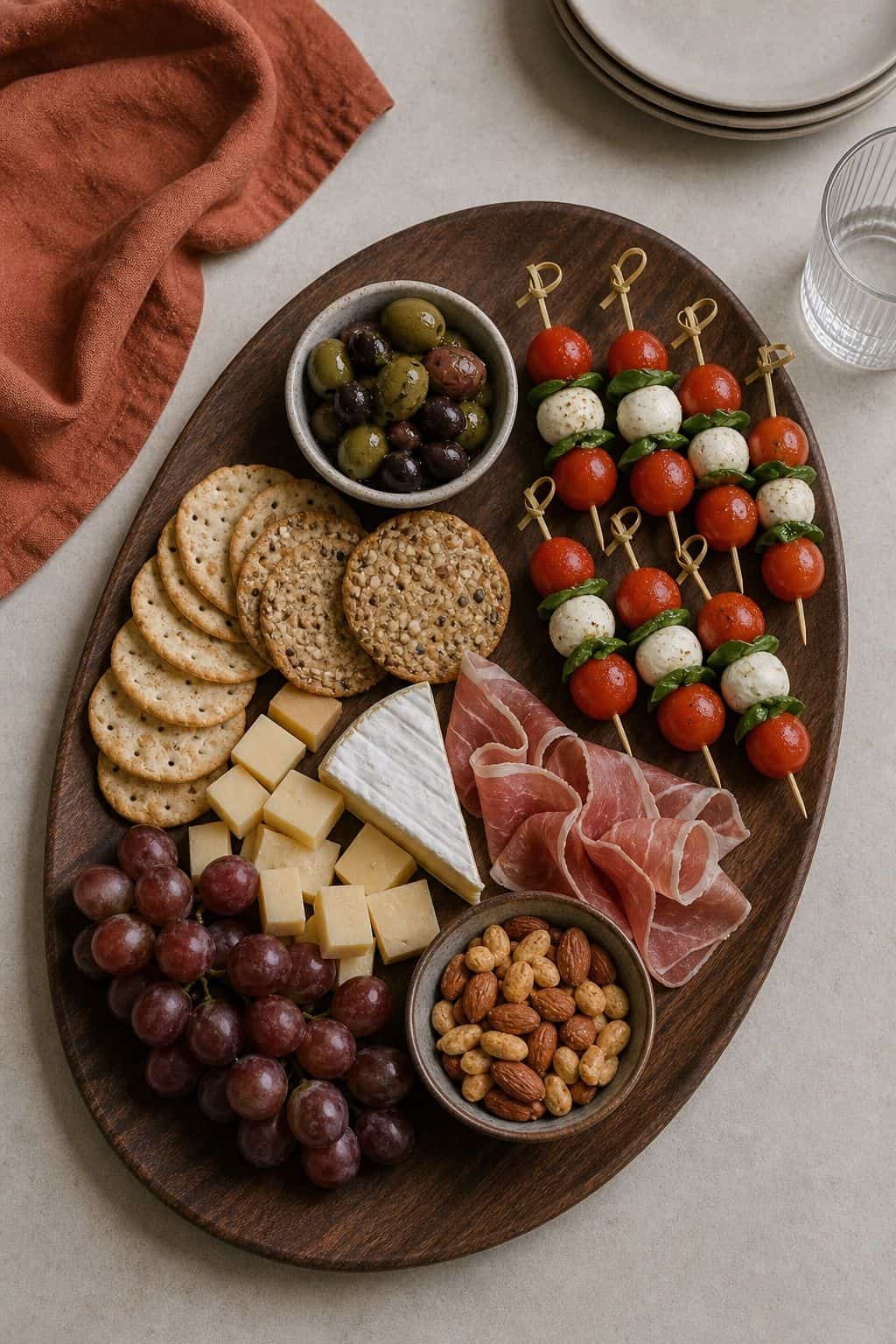 No-reheat appetizer board with skewers cheese olives and crackers