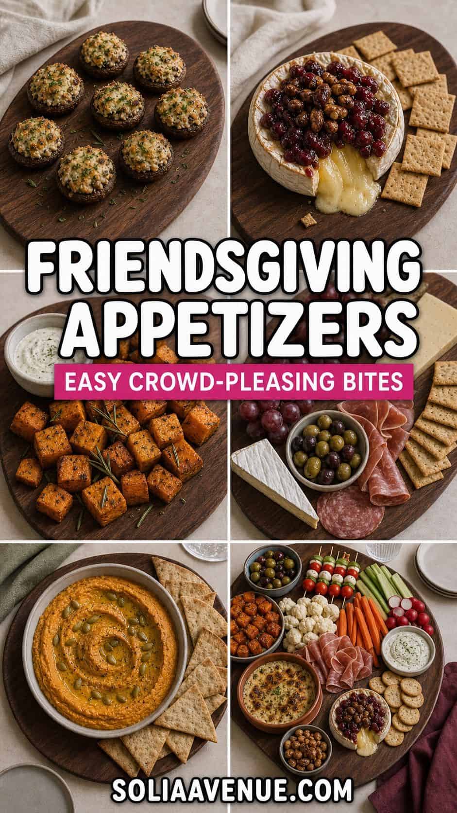 Pinterest pin collage of Friendsgiving appetizers with stuffed mushrooms brie hummus and grazing food