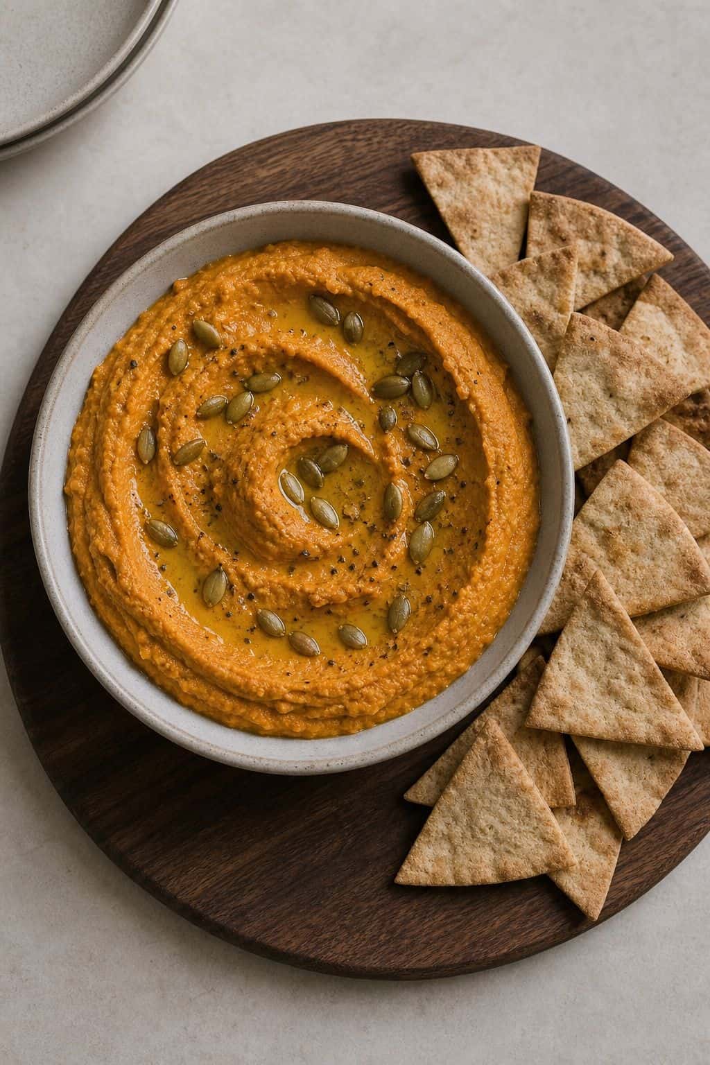 Pumpkin hummus with pita chips in a ceramic bowl on a walnut board