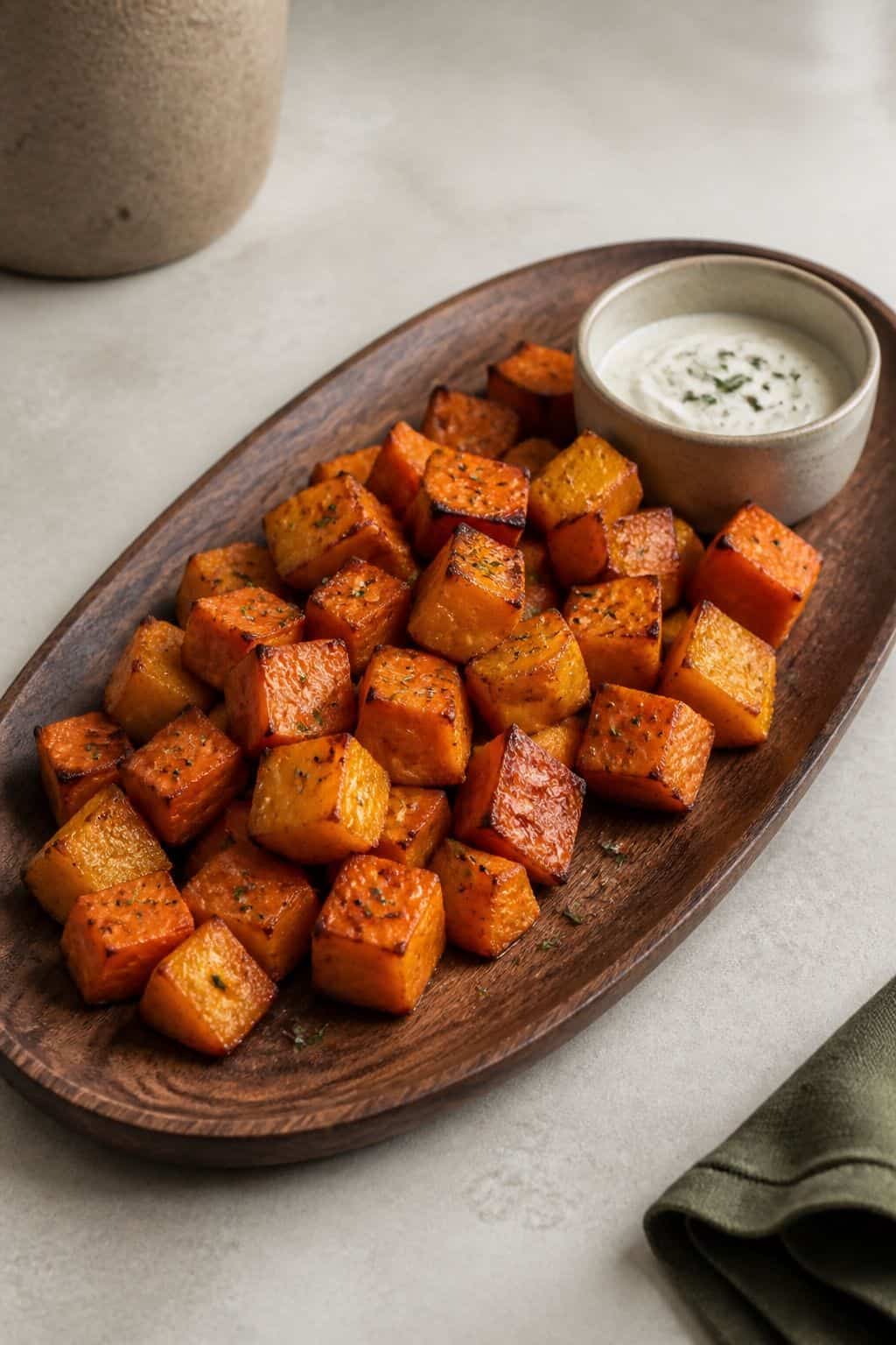 Roasted sweet potato bites with dip on a neutral minimalist serving board