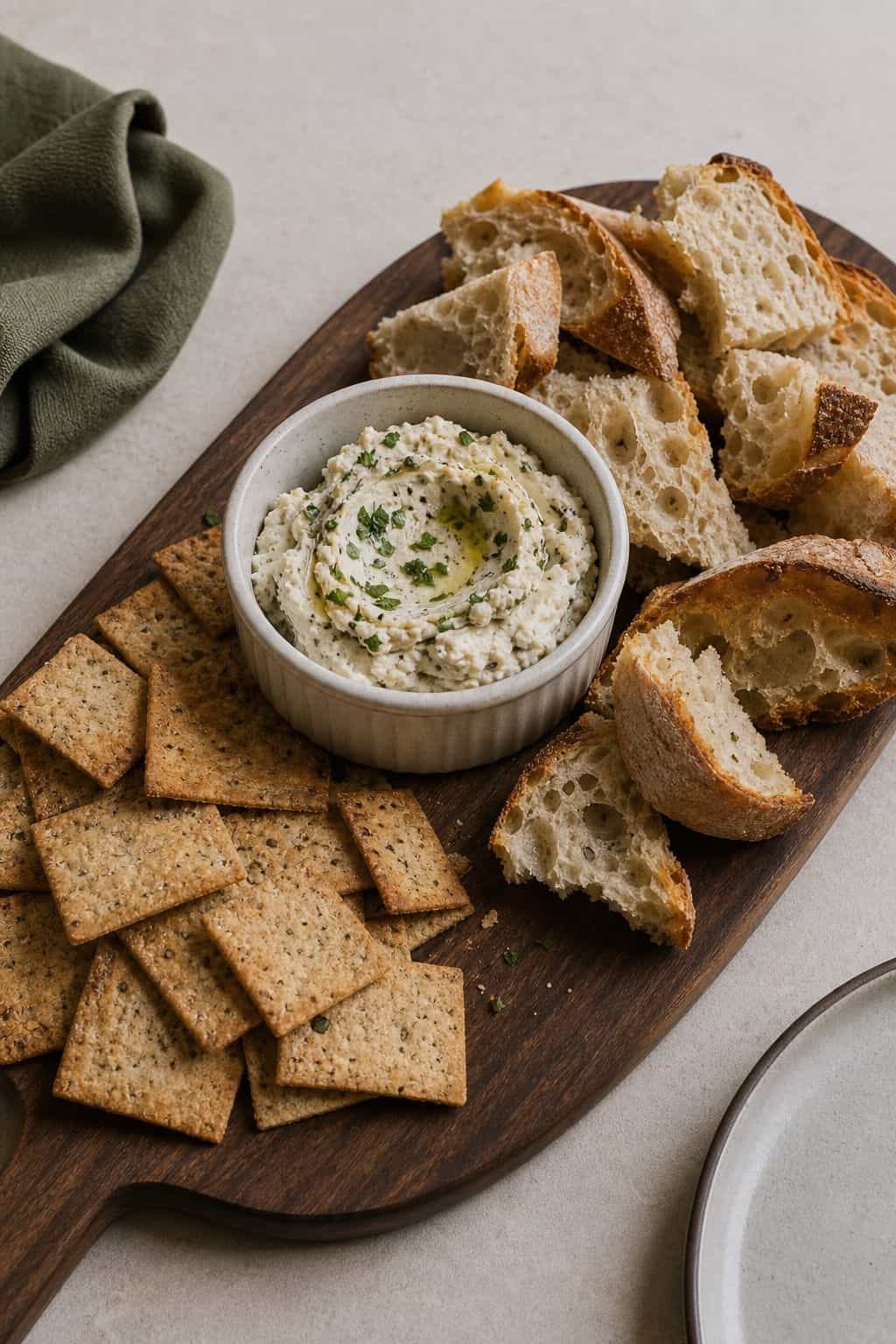 Savory spread with crackers and torn bread on a walnut serving board