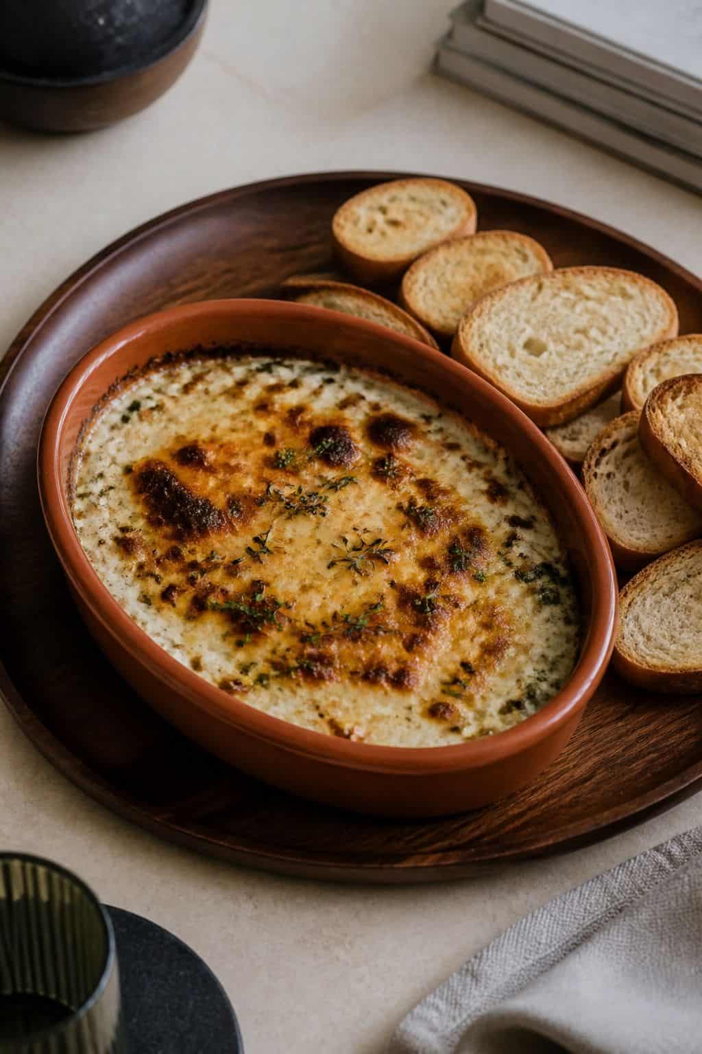 Warm baked dip in a terracotta dish with toasted bread on a walnut tray