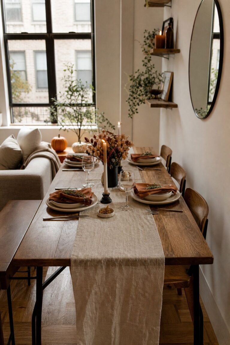 Skip the Tablecloth, Use a Long Linen Runner small apartment idea for Top 17 Friendsgiving Tablescape Ideas for Small-Space Hosting.