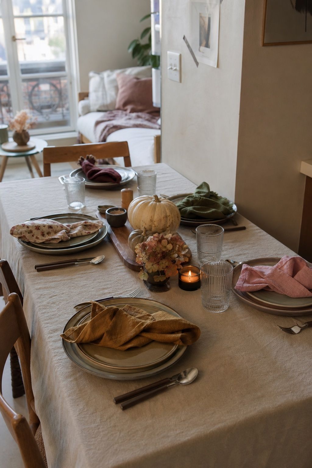 Use Real Cloth Napkins, Even Mismatched small apartment idea for Top 17 Friendsgiving Tablescape Ideas for Small-Space Hosting.