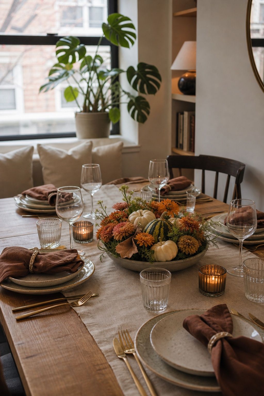Run a Low Centerpiece, Never a Tall One small apartment idea for Top 17 Friendsgiving Tablescape Ideas for Small-Space Hosting.