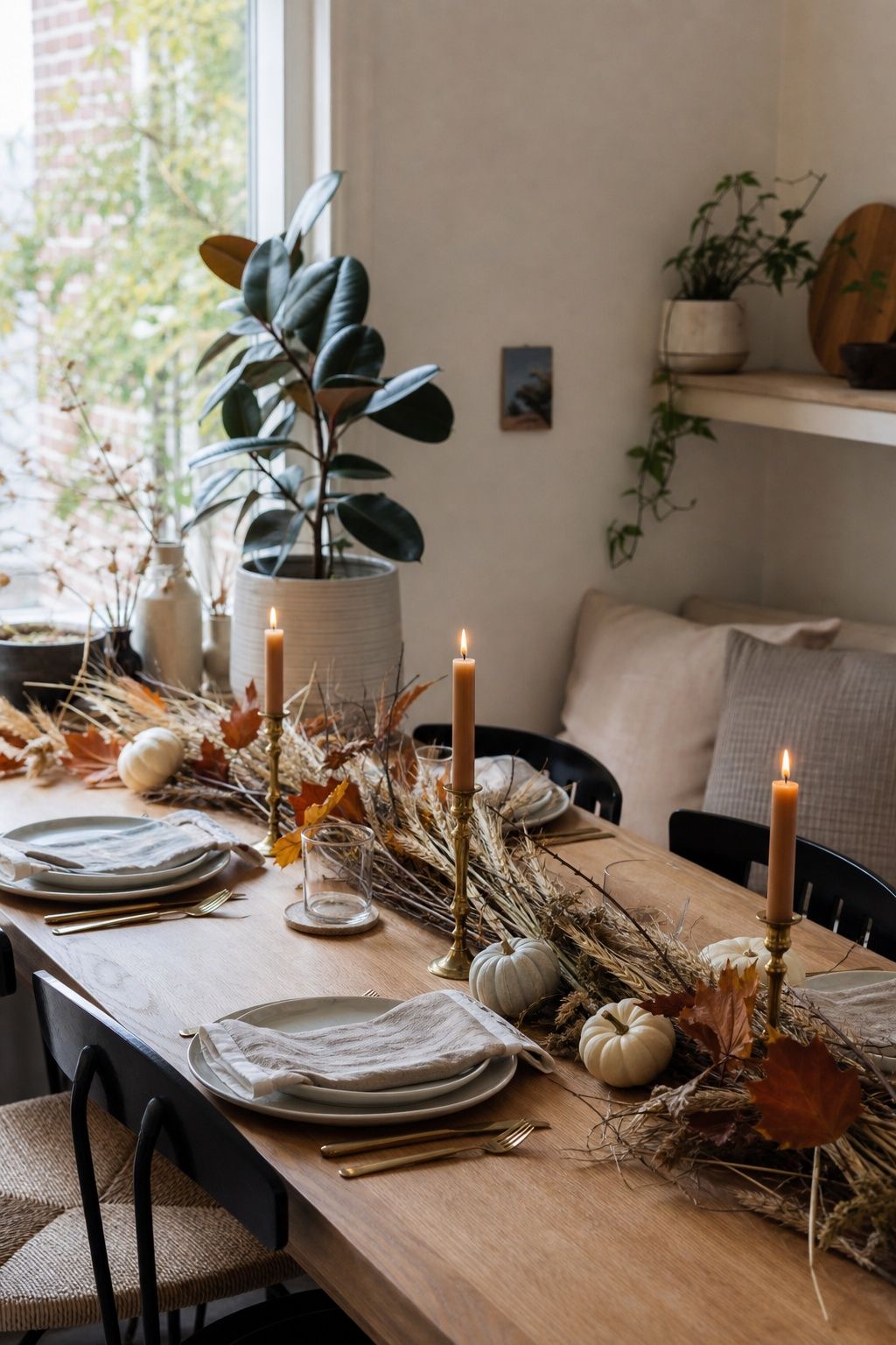 Make a Dried Wheat and Branch Garland small apartment idea for Top 17 Friendsgiving Tablescape Ideas for Small-Space Hosting.
