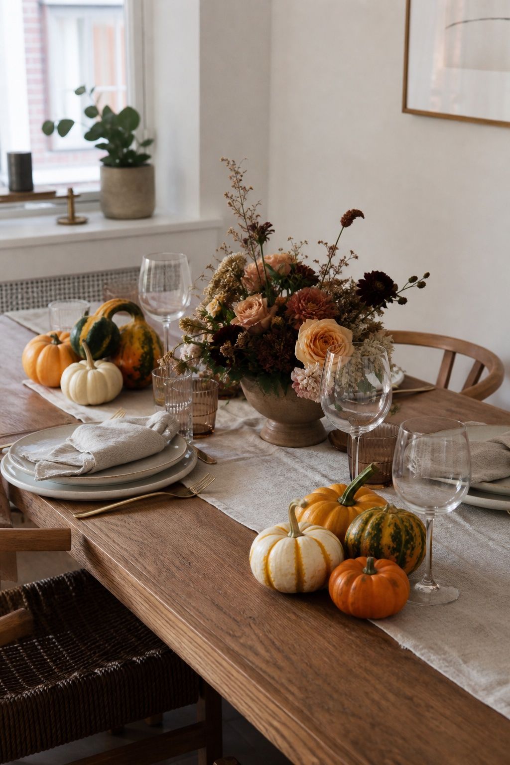 Cluster Mini Pumpkins and Gourds in Odd Numbers small apartment idea for Top 17 Friendsgiving Tablescape Ideas for Small-Space Hosting.