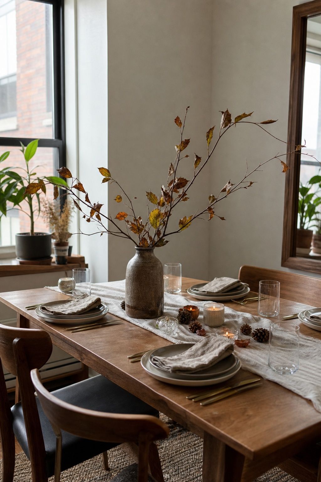 Add One Foraged Branch Element small apartment idea for Top 17 Friendsgiving Tablescape Ideas for Small-Space Hosting.