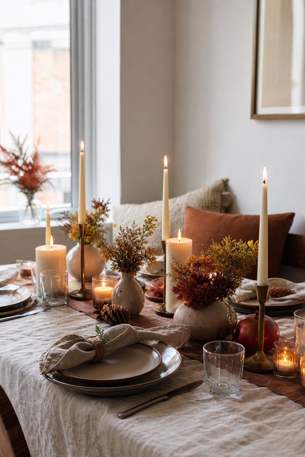 Use Three Heights of Candles Across the Table small apartment idea for Top 17 Friendsgiving Tablescape Ideas for Small-Space Hosting.