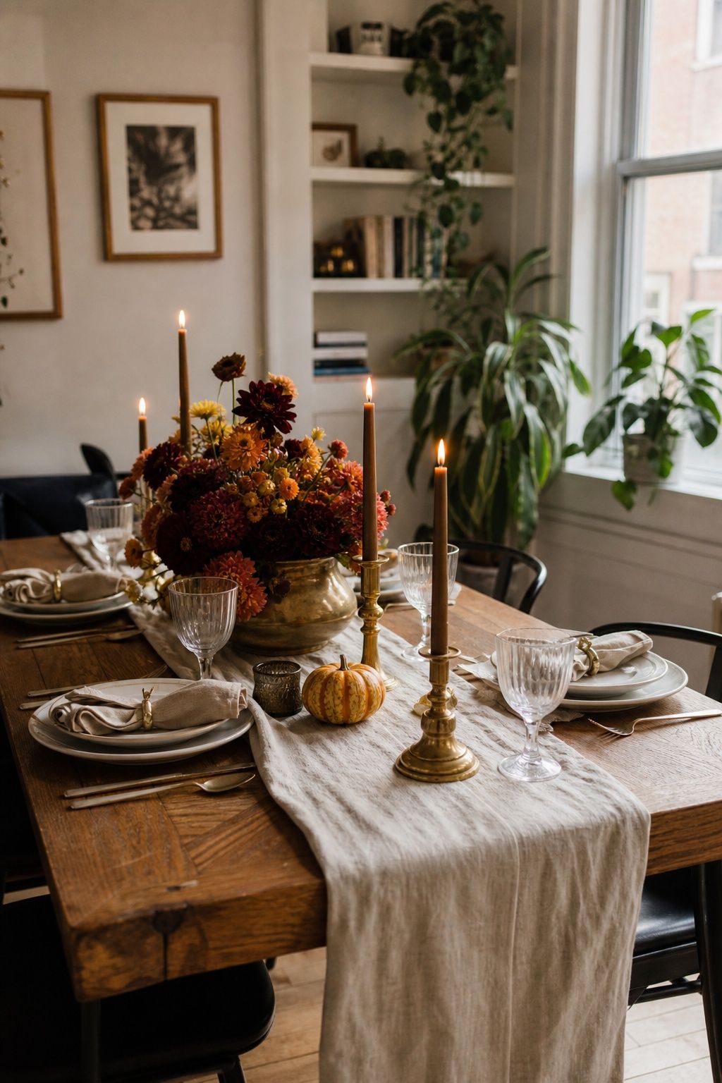 Choose Brass Holders, Not Silver small apartment idea for Top 17 Friendsgiving Tablescape Ideas for Small-Space Hosting.