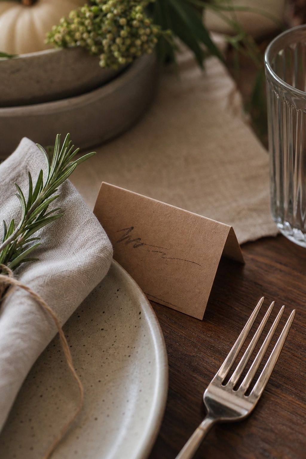 Write Place Cards by Hand on Kraft Paper small apartment idea for Top 17 Friendsgiving Tablescape Ideas for Small-Space Hosting.