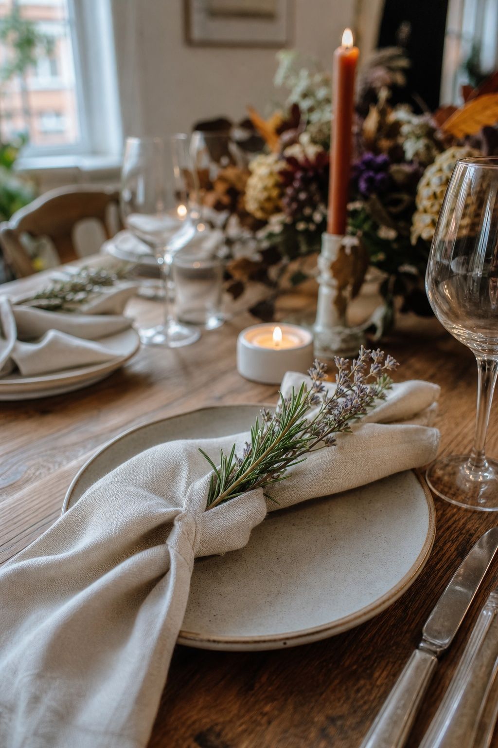 Tuck a Sprig of Rosemary or a Dried Flower Into Each Napkin small apartment idea for Top 17 Friendsgiving Tablescape Ideas for Small-Space Hosting.