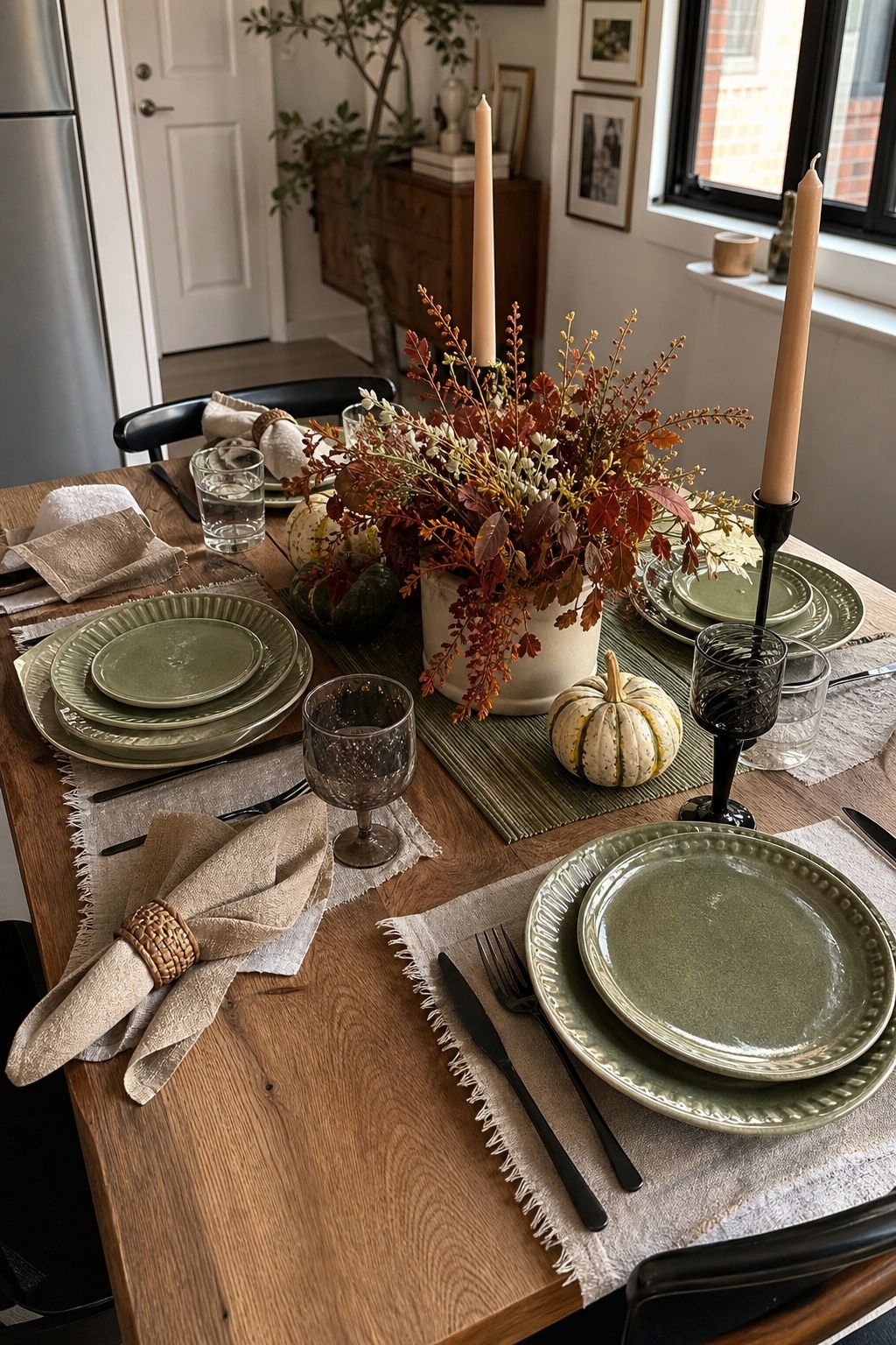 Use Mixed Plates That Share One Color small apartment idea for Top 17 Friendsgiving Tablescape Ideas for Small-Space Hosting.