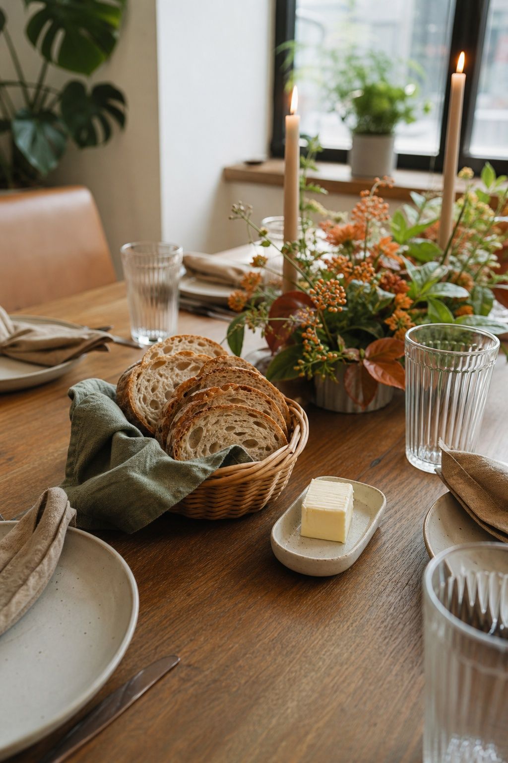 Set Out Bread and Butter Before Guests Sit Down small apartment idea for Top 17 Friendsgiving Tablescape Ideas for Small-Space Hosting.