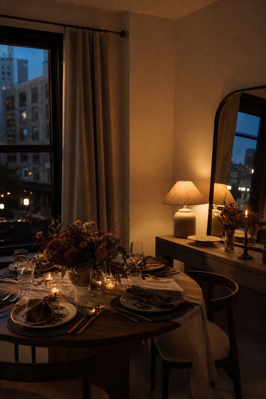 Dim the Overhead, Add a Side Lamp small apartment idea for Top 17 Friendsgiving Tablescape Ideas for Small-Space Hosting.